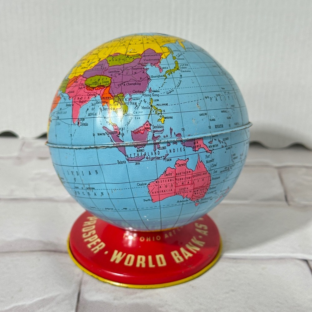 Vintage Ohio Art Co Tin‎ Litho Globe Bank World Map As You Save So You Prosper